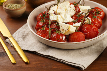 Roasted red tomatoes on branches with seasoned feta cheese on round off-white plate on kitchen napkins on wooden background