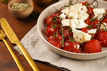 Roasted red tomatoes on branches with seasoned feta cheese on round off-white plate on kitchen napkins on wooden background