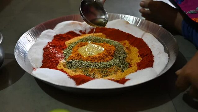 Dry Masala Mix With Hot Oil. Making Of Green Mango Pickle. Indian Maharashtra Food. Indian Pickle. Dry Masala