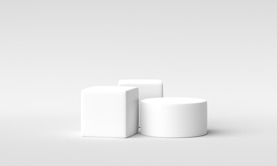 White podium on white background for design. Empty podium or pedestal display. 3D rendering, 3D illustration.