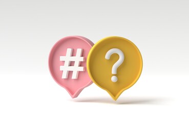 Hashtag sign symbol and Question mark in social media notification icon isolated on white background. 3D render, 3D illustration.