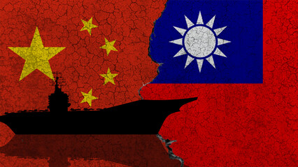 China vs Taiwan, China prepares for the invasion of Taiwan, two flags and an old wall and silhouettes of military ships in the background
