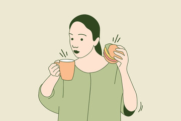 Illustrations Beautiful young girl happy eating chesee burger and drink cofee