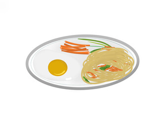 Plat équilibré, œuf, légumes et spaghettis, dessin fait à la main