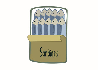 Dessin rangée de Sardine en boîte, petits poissons gras, fond transparent