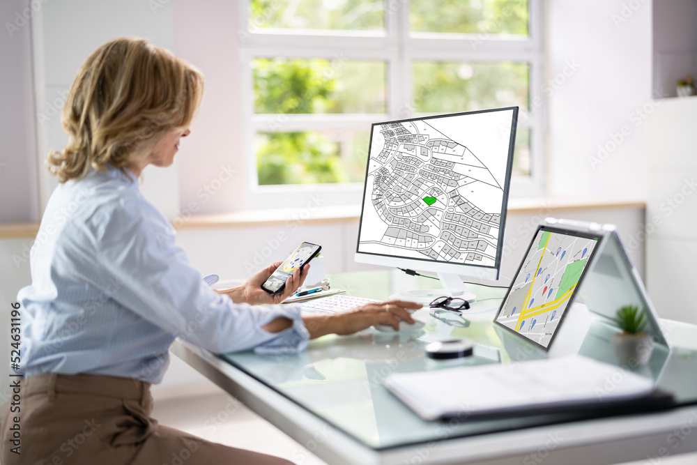 Poster Businessperson Analyzing Cadastre Map On Computer