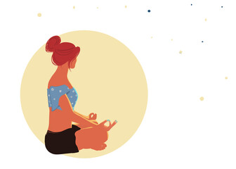 Femme médite au clair de lune, illustration méditation et yoga, à la main, fond isolé