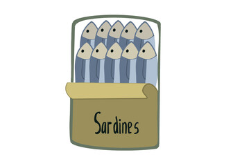 Sardine en boîte, petits poissons gras; dessin à la main, sans fond