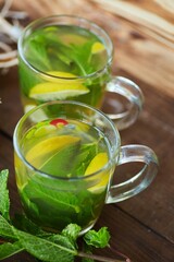 Tea with mint and lemon. Ecological medicinal teas for a healthy diet.