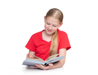 Happy smiling girl in a red T-shirt enthusiastically reading a book, isolated on a transparent background