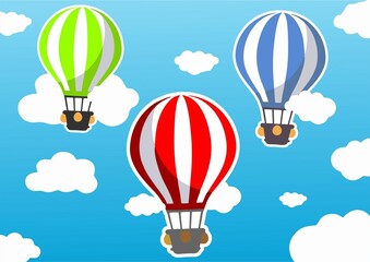 colorful hot air balloons on blue and cloudy background
