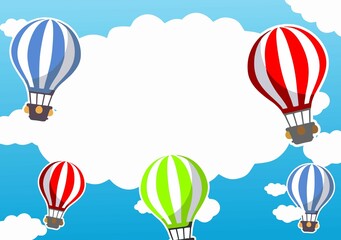 colorful hot air balloons on a blue background and big clouds