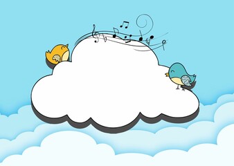 blue background with clouds and birds singing cheerfully