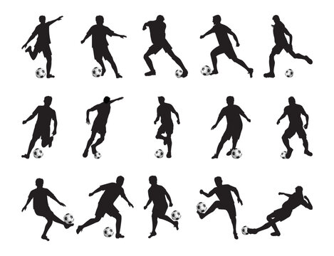 Soccer Football Player Vector illustration Silhouette on isolated white background in Various Poses black background. Sport People Poster card banner design Pack 1.