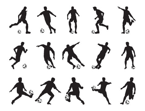 Soccer Football Player Vector illustration Silhouette on isolated white background in Various Poses black background. Sport People Poster card banner design Pack 2.