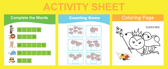 Fototapeta na wymiar Activity sheet for children. Complete the words, colouring animal, counting worksheet. Educational printable sheet for children. Vector illustration.