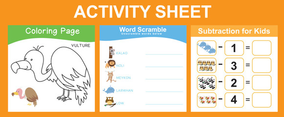 Activity sheet for children. Coloring animal, math subtraction, word scramble worksheet. Educational printable sheet for children. Vector illustration.