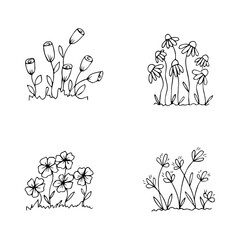 set of hand-drawn flowerbeds with flowers in doodle style