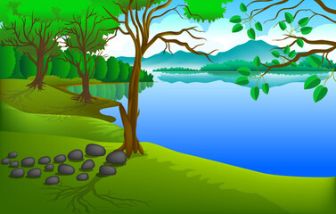 Fototapeta na wymiar Beautiful lakeside natural scenery, vector illustration consisting of simple visual elements such as trees, green grass, mountains and fresh lake water.