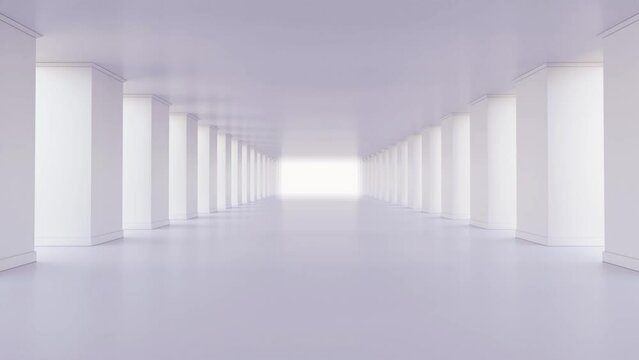 White columns, modern empty white corridor with bright light. Camera flying forward towards the light. White room with reflection. Seamless looping animation. 3d rendering