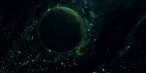 Beautiful 3D Shining Planet in Solar Storm with Outer Space view Panorama, Nebula clouds