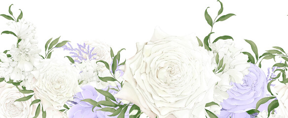 Border of white and purple rose flowers