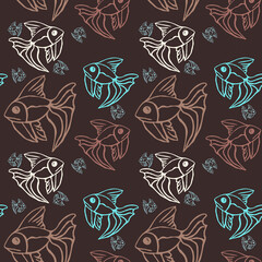Seamless drawing with hand-drawn funny fish. Vector decorative sea background. The fish elements are made in the doodle style. Vector illustration.