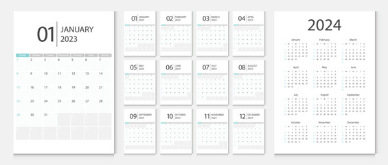 Calendar 2023, calendar 2024 week start Sunday corporate design template vector. - obrazy, fototapety, plakaty