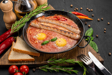 Grilled sausages with tomato sauce and eggs in pan on wooden background