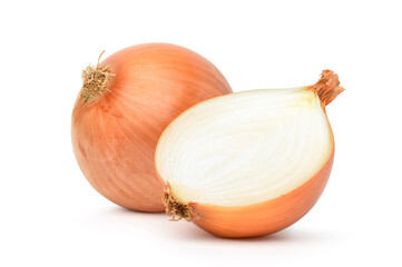 Fresh bulbs of onion with cut in half isolated on white background. Clipping path.