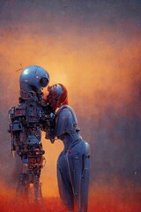 two robots in love, digital painting, concept illustration