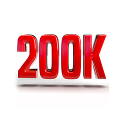 200K follower red color 3D text effect. 3D text design illustration. 200K subscriber badge 3D. Retro-style text effect for 200K followers or subscribers.