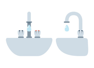 Washbasin faucet in flat graphic style. A set of vector icons with a washbasin in various projections. Accessories in the sanitary room for the washbasin. Water dripping from a faucet.