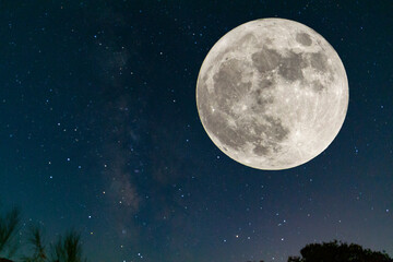 Fototapeta na wymiar Blue Moon. Super Full moon august. Moon bright. Stars. The background full of stars in the galaxy. Horizontal photography. Galaxy. Luna azul. Blue Moon. 30 - 31 August supermoon 2023.
