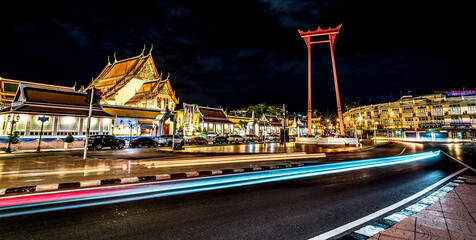 Landmark Wat Suthat Buddhist Temple in Bangkok at night