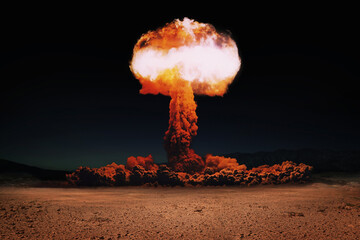 Terrible explosion of a nuclear bomb with a mushroom in the desert. Hydrogen bomb test. World War 3. Nuclear catastrophe - obrazy, fototapety, plakaty