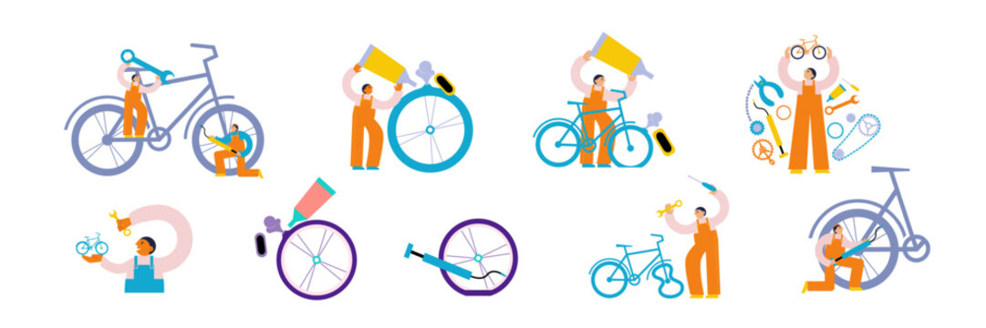 Bicycle service workers fix bicycle and bike details set. Repair of cycle chain pedal chain rings, flat tire. Vector flat illustration