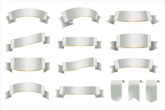 Set of Silver Color Ribbons and Tags isolated on white background. 3D Vector Illustration.
