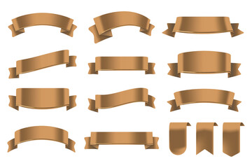 Set of Bronze Color Ribbons and Tags isolated on white background. 3D Vector Illustration.