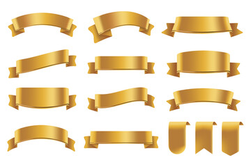 Set of Light Golden Color Ribbons and Tags isolated on white background. 3D Vector Illustration.