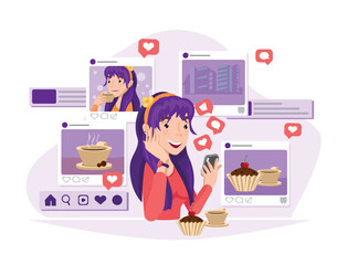 Vector illustration of pretty young girl of social media phenomenon checking her social media. Social media and next generation professions concepts.