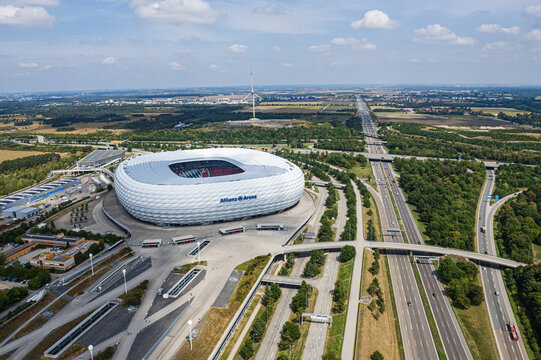 Aerial view of football stadium Allianz Arena. It designed by Herzog  de Meuron and ArupSport. MUNICH, GERMANY - AUGUST 2022
