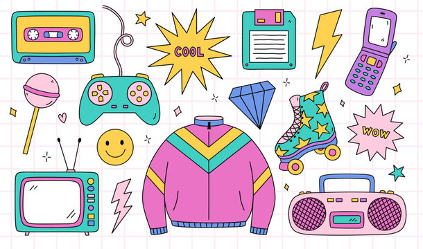 Bright doodle set of items from the nineties - retro cassette tape, sports jacket, tape recorder, roller skate, TV, joystick, floppy disk, cool and wow stickers, lightnings. Nostalgia for the 1990s.