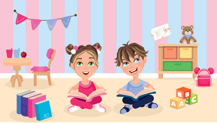 Cartoon character vector illustration of cute little kids reading book and learning, and discovering concept. Kids playing kindergarten class.
