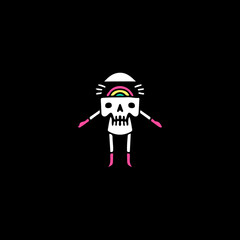 Funny skull character with rainbow inside the head, illustration for t-shirt, sticker, or apparel merchandise. With doodle, retro, and cartoon style.