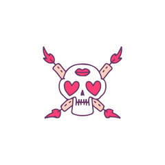 Skull head with heart eyes and crossed candle, illustration for t-shirt, sticker, or apparel merchandise. With doodle, retro, and cartoon style.