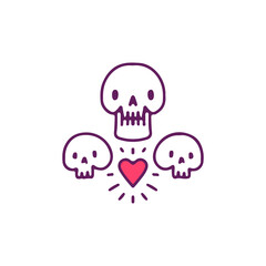 Three skulls with heart, illustration for t-shirt, sticker, or apparel merchandise. With doodle, retro, and cartoon style.
