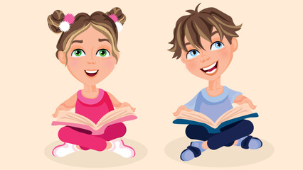 Cartoon character of cute and happy little kids reading book and learning or entetaining, and discovering concept.