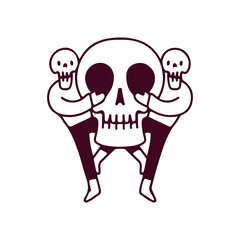 Funny skull character holding skeleton head, illustration for t-shirt, sticker, or apparel merchandise. With doodle, retro, and cartoon style.