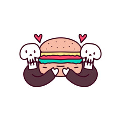 Two skulls holding big burger, illustration for t-shirt, sticker, or apparel merchandise. With doodle, retro, and cartoon style.